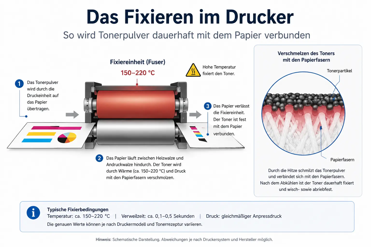 Illustration der Fixiereinheit im Laserdrucker: Tonerpulver wird durch Hitze auf Papier fixiert.