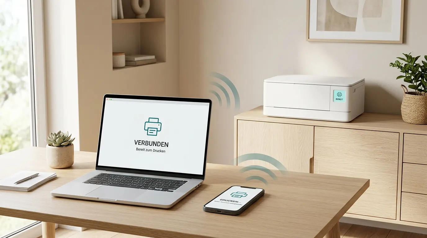 Kabellos drucken im Heimnetzwerk mit Laptop, Smartphone und Drucker